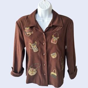 Citi Dress 8 Novelty Handbag Embroidered Blouse Brown Button-Up